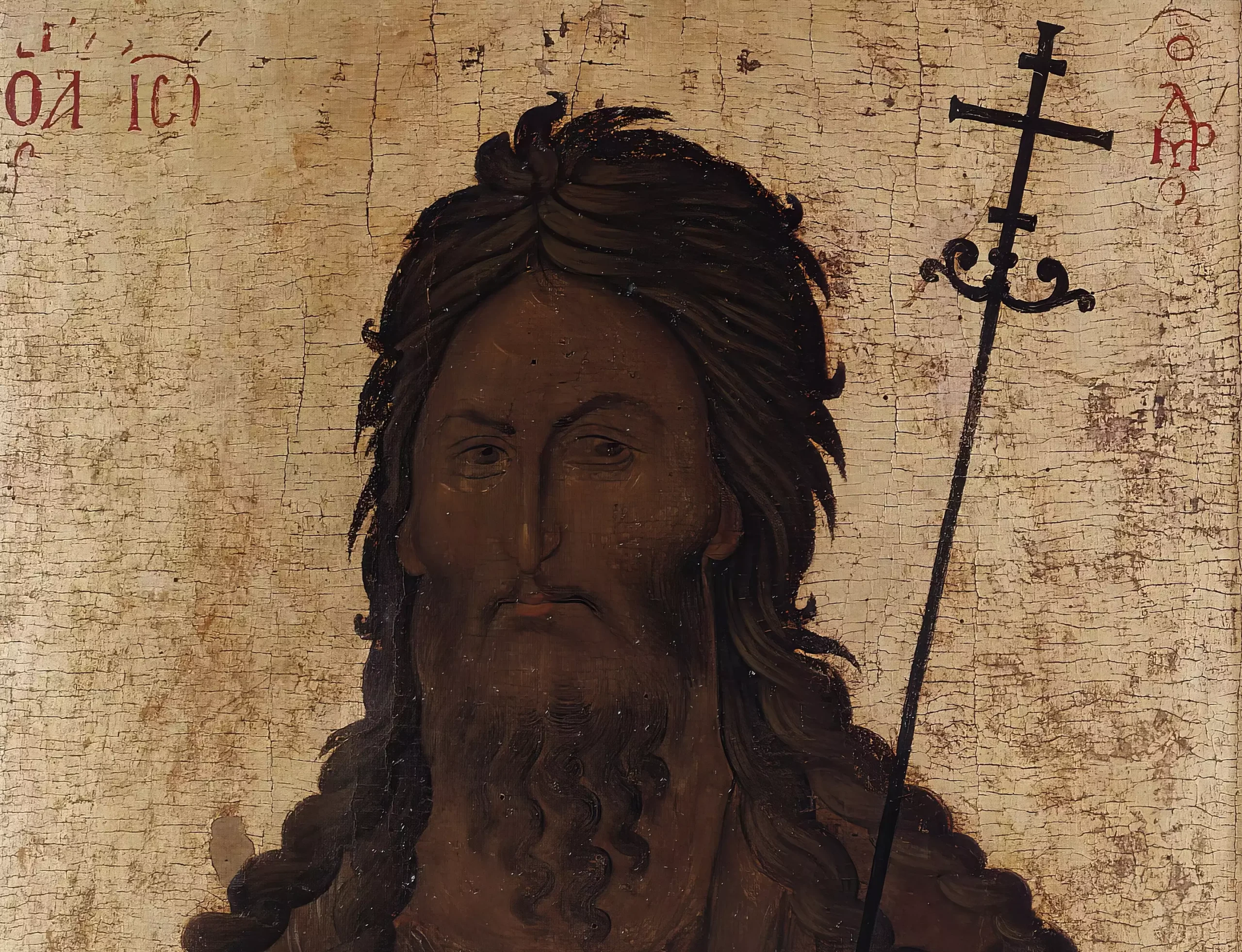 Detail of Saint John the Baptist's face from 14th century Byzantine icon at Hilandar Monastery, showing intense spiritual expression