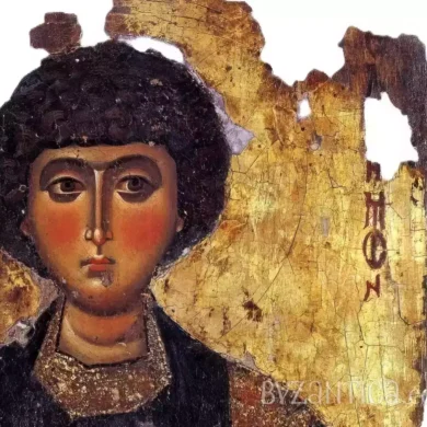 Detail of Saint Panteleimon icon in Megisti Lavra showing facial features against gold background, 12th-century Byzantine art