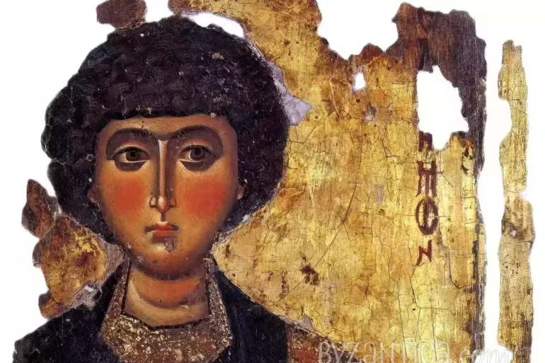 Detail of Saint Panteleimon icon in Megisti Lavra showing facial features against gold background, 12th-century Byzantine art