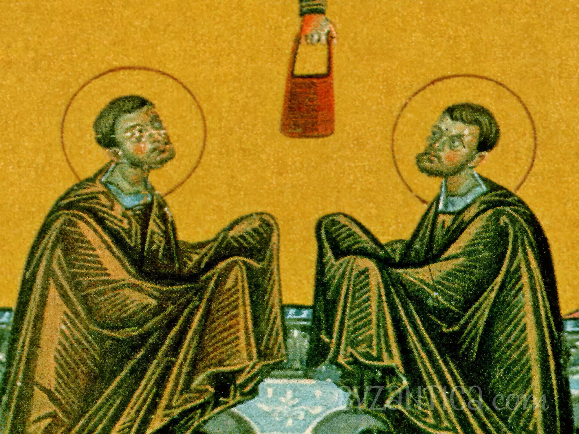 Detail of Saints Cosmas and Damian in Vatican Menologion showing facial features in Byzantine illumination