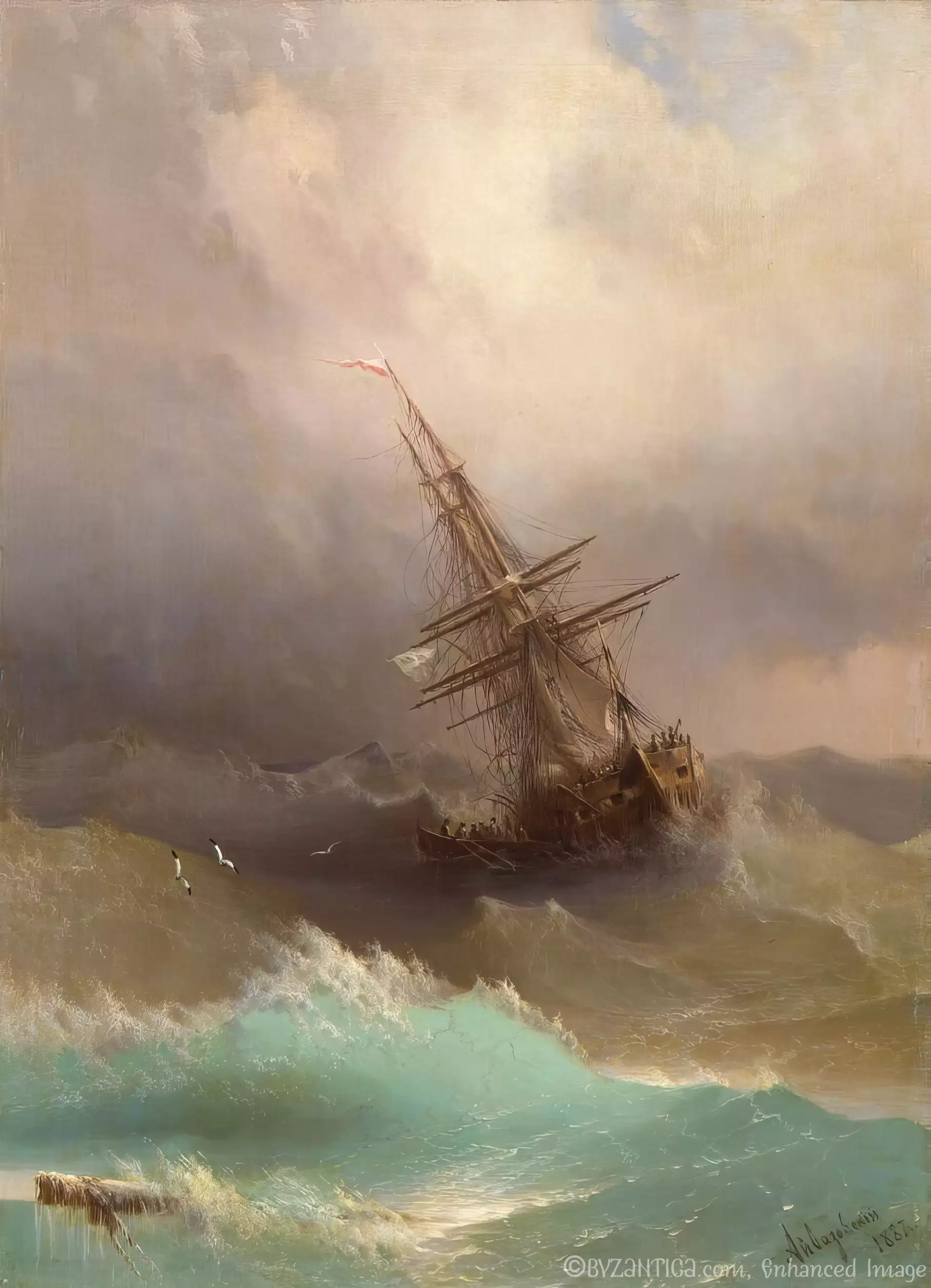 Ship in Stormy Sea by Aivazovsky full view Ultra High Resolution showcasing dramatic storm and divine light effects