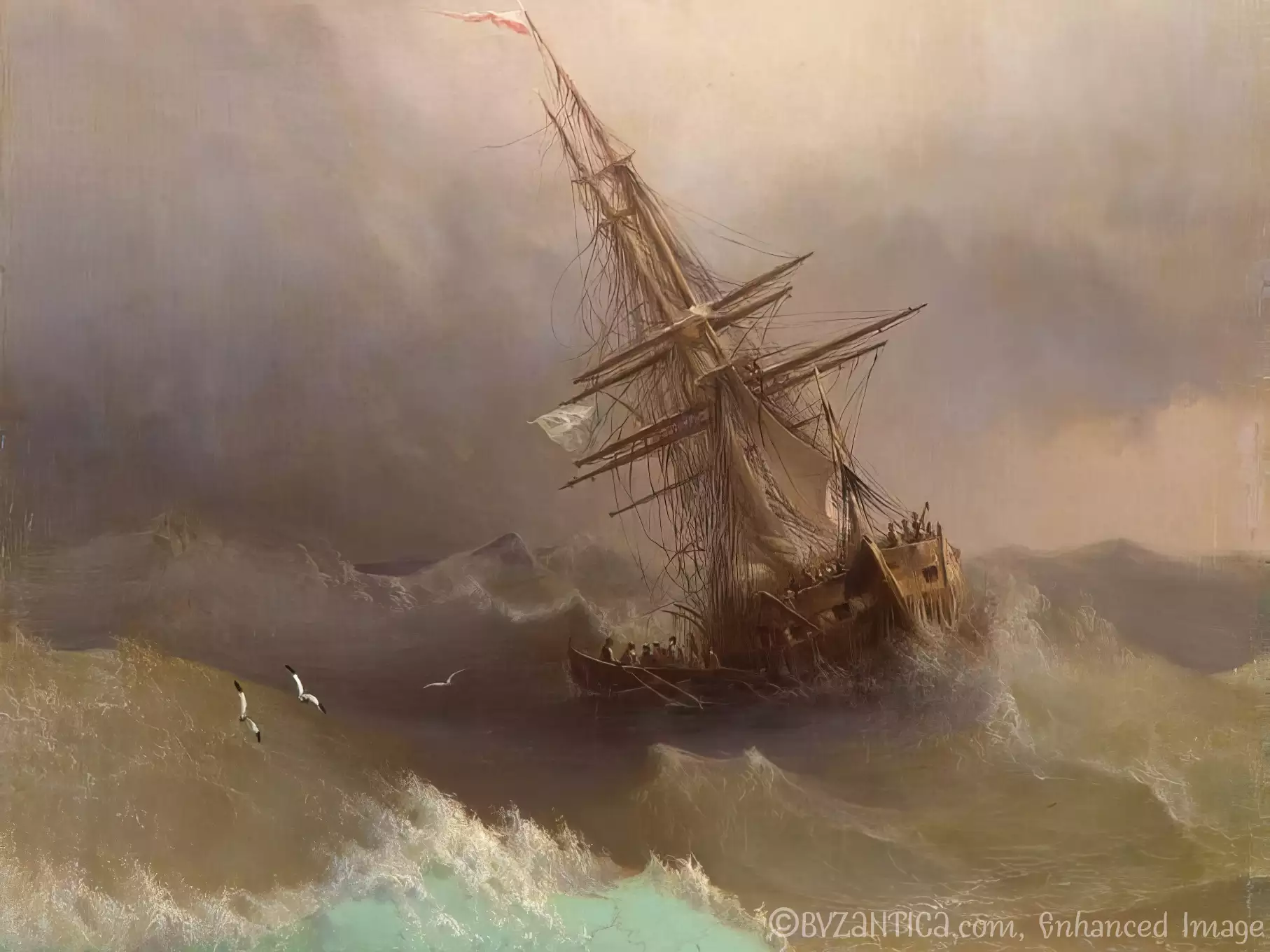 A detailed view of the tilting masts and rigging of a storm-tossed ship in Aivazovsky's oil painting