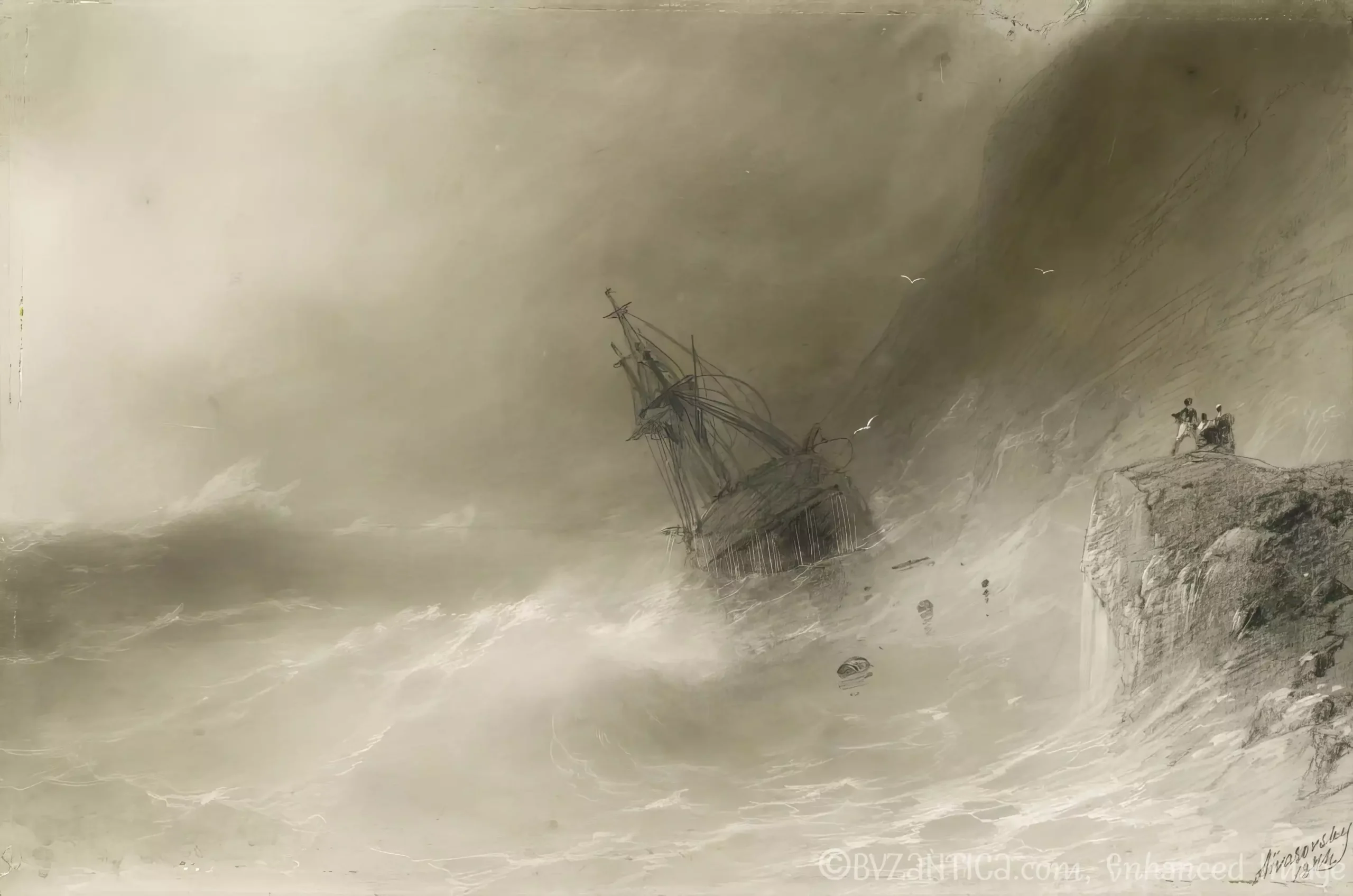 Shipwreck by Aivazovsky full view showing dramatic maritime storm scene in Ultra High Resolution gouache painting