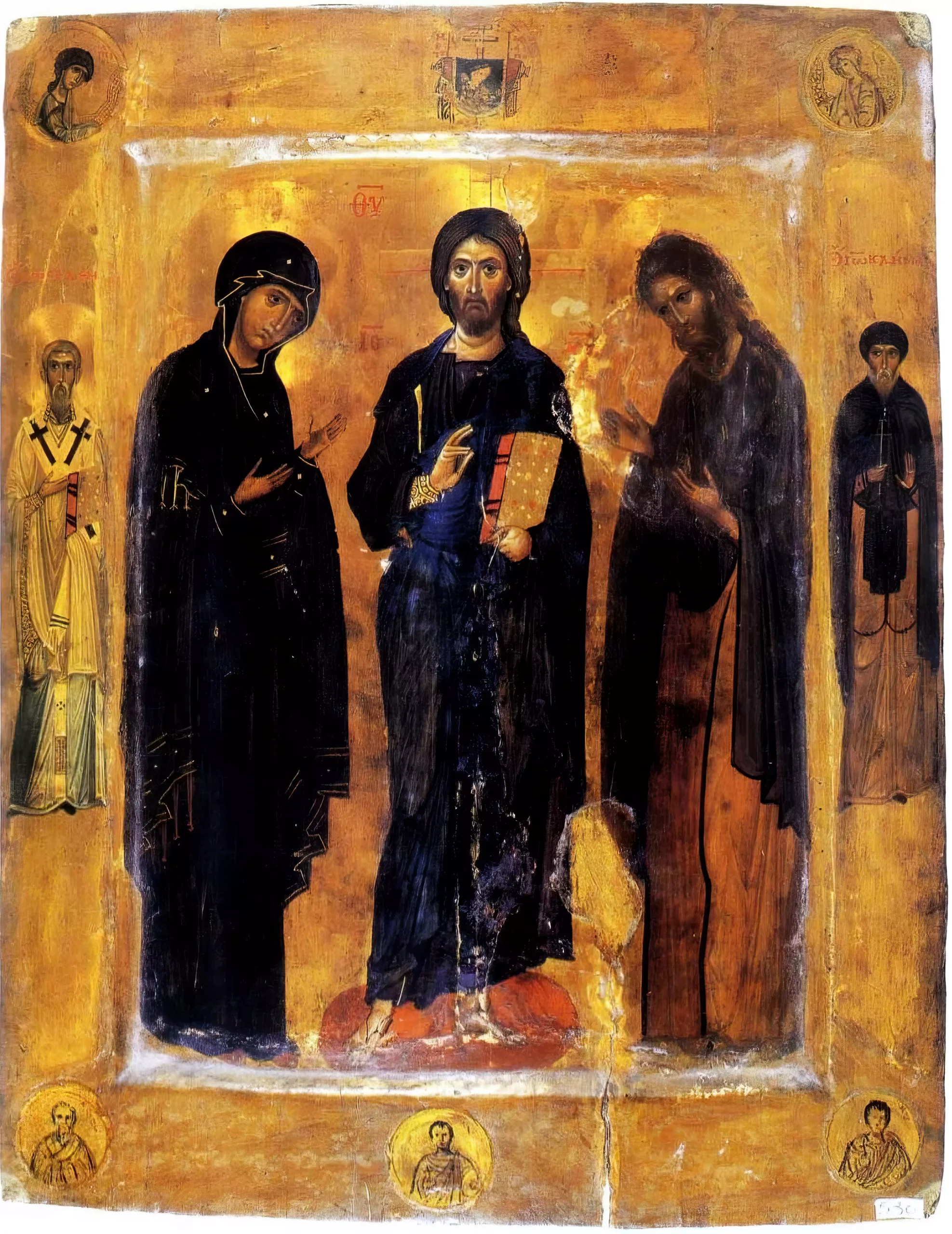 Sinai Deesis icon masterpiece of Byzantine art with radiant gold background and sacred figures UHD