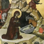 Close-up detail of the Stavronikita Nativity icon showing Mary and Christ child in cave setting