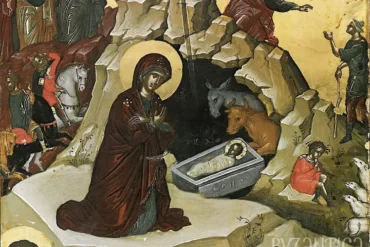 Close-up detail of the Stavronikita Nativity icon showing Mary and Christ child in cave setting