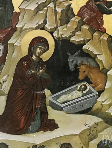 Close-up detail of the Stavronikita Nativity icon showing Mary and Christ child in cave setting