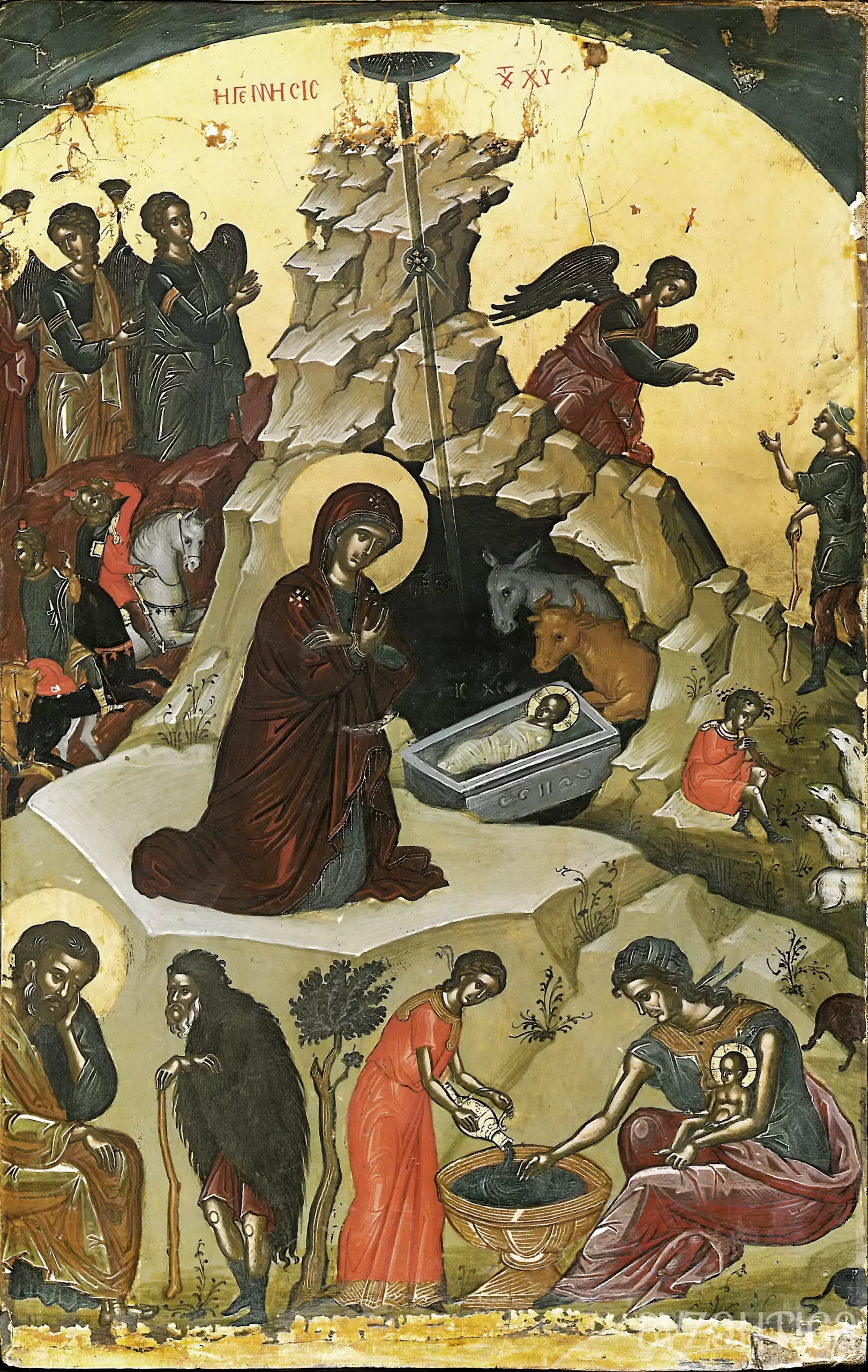 Complete view of the Stavronikita Nativity icon by Theophanes showing full composition, UHD sacred artwork