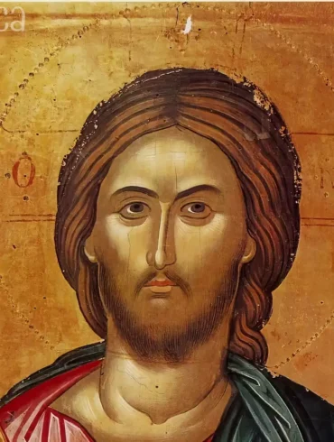 Stavronikita Pantocrator face detail by Theophanes the Cretan, close-up showing masterful Byzantine technique