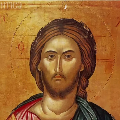 Stavronikita Pantocrator face detail by Theophanes the Cretan, close-up showing masterful Byzantine technique