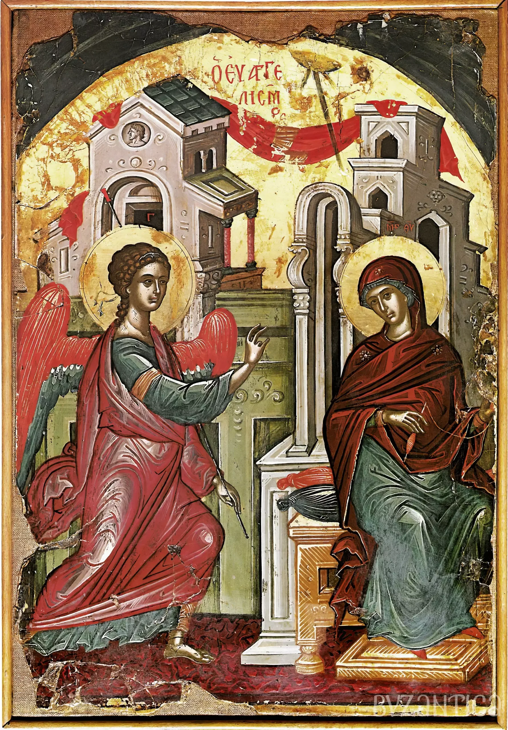 Stavronikita Iconostasis showing the Virgin Mary from The Annunciation by Theophanes the Cretan, UHD Byzantine icon