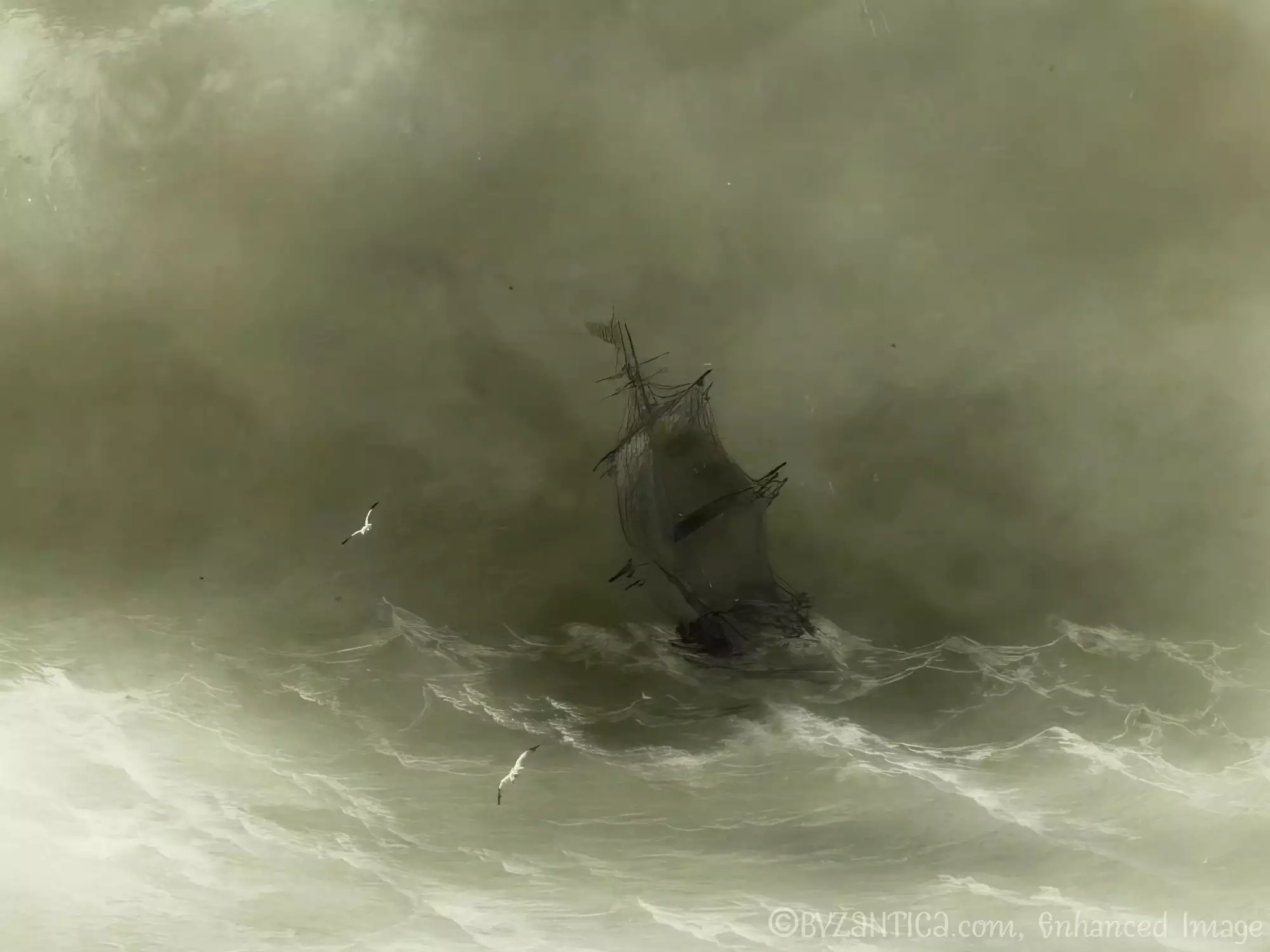 Detail of ship battling stormy seas in Aivazovsky's Strong Wind gouache painting, 1856