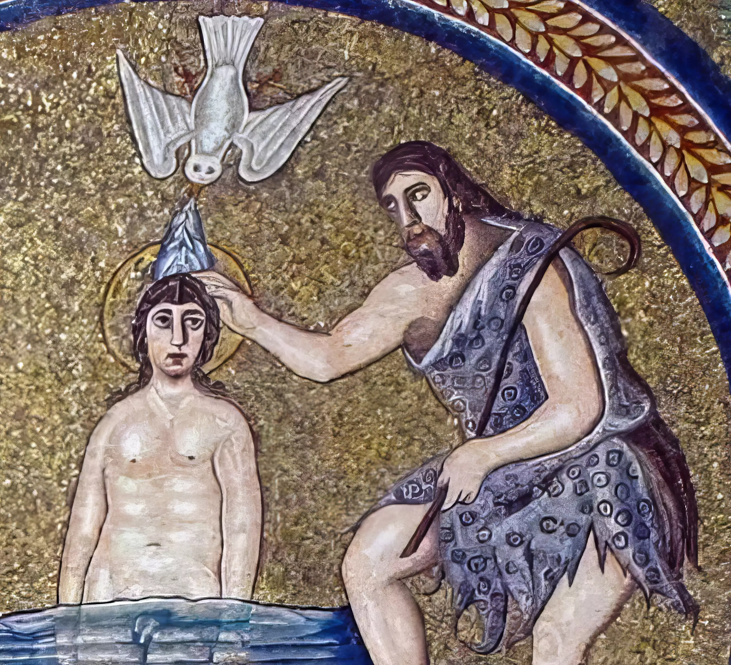 Detail from the Baptism of Christ mosaic, Arian Baptistery, Ravenna (493-526 CE): The intimate moment of baptism between Christ and John