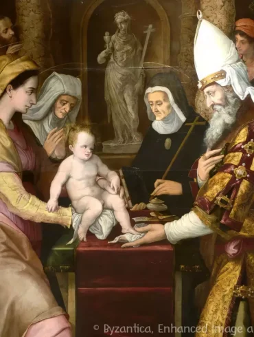 The Circumcision by Agresti detail showing the tender moment between Virgin Mary and Christ child in Renaissance style