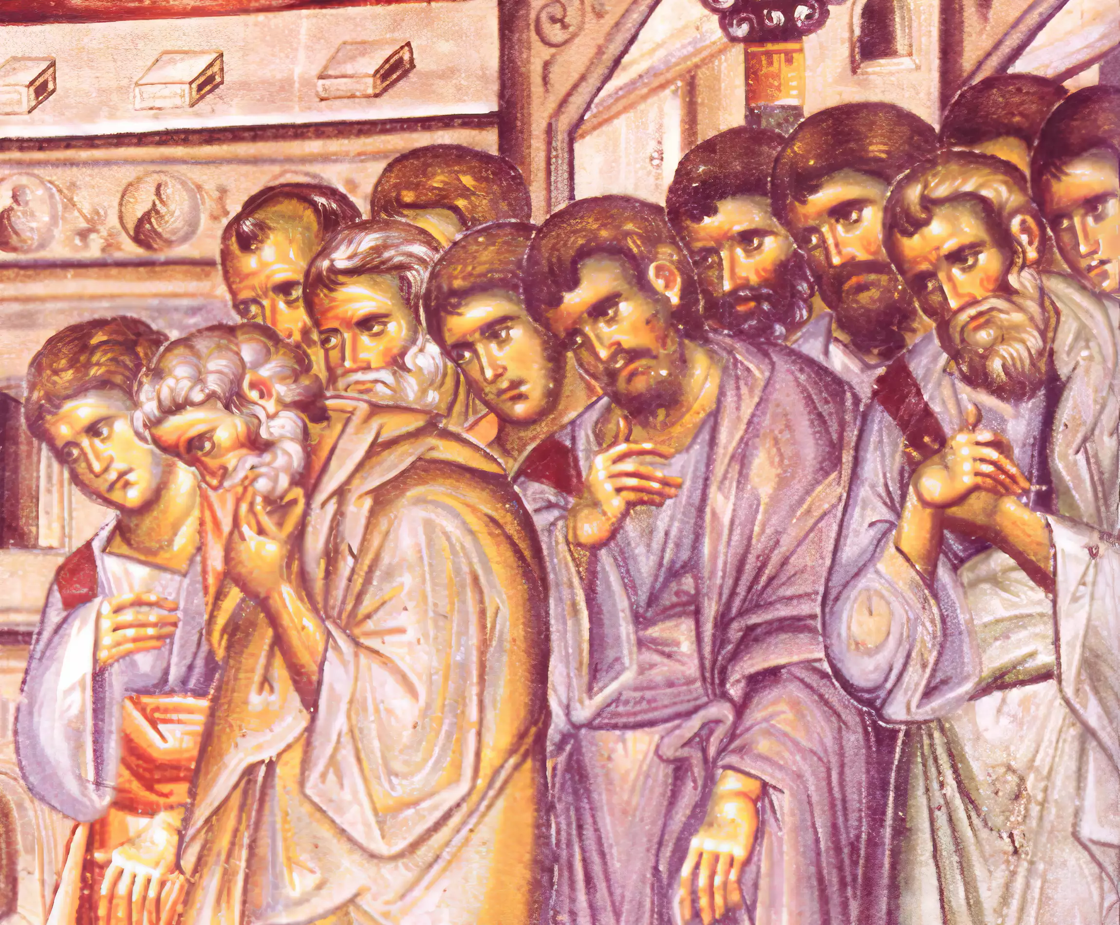 Detail of Christ Teaching His Disciples fresco showing a row of attentive apostles in byzantinesque style, wearing draped robes in lilac and pearl tones. From the Vatopedi Monastery exonarthex.