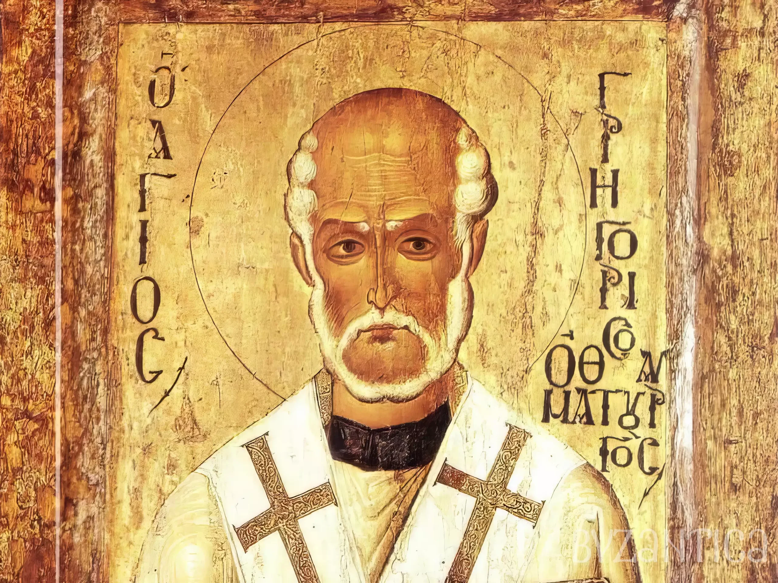 A close-up detail of Saint Gregory Thaumaturgus in Hermitage showing expressive facial features in Byzantine icon