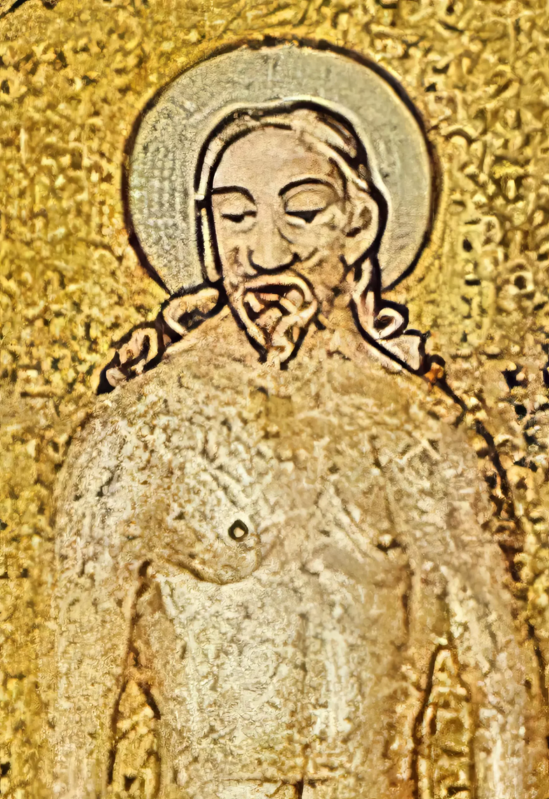 Detail of Christ's face from 5th century Orthodox Baptism mosaic, Neonian Baptistery, Ravenna - serene expression