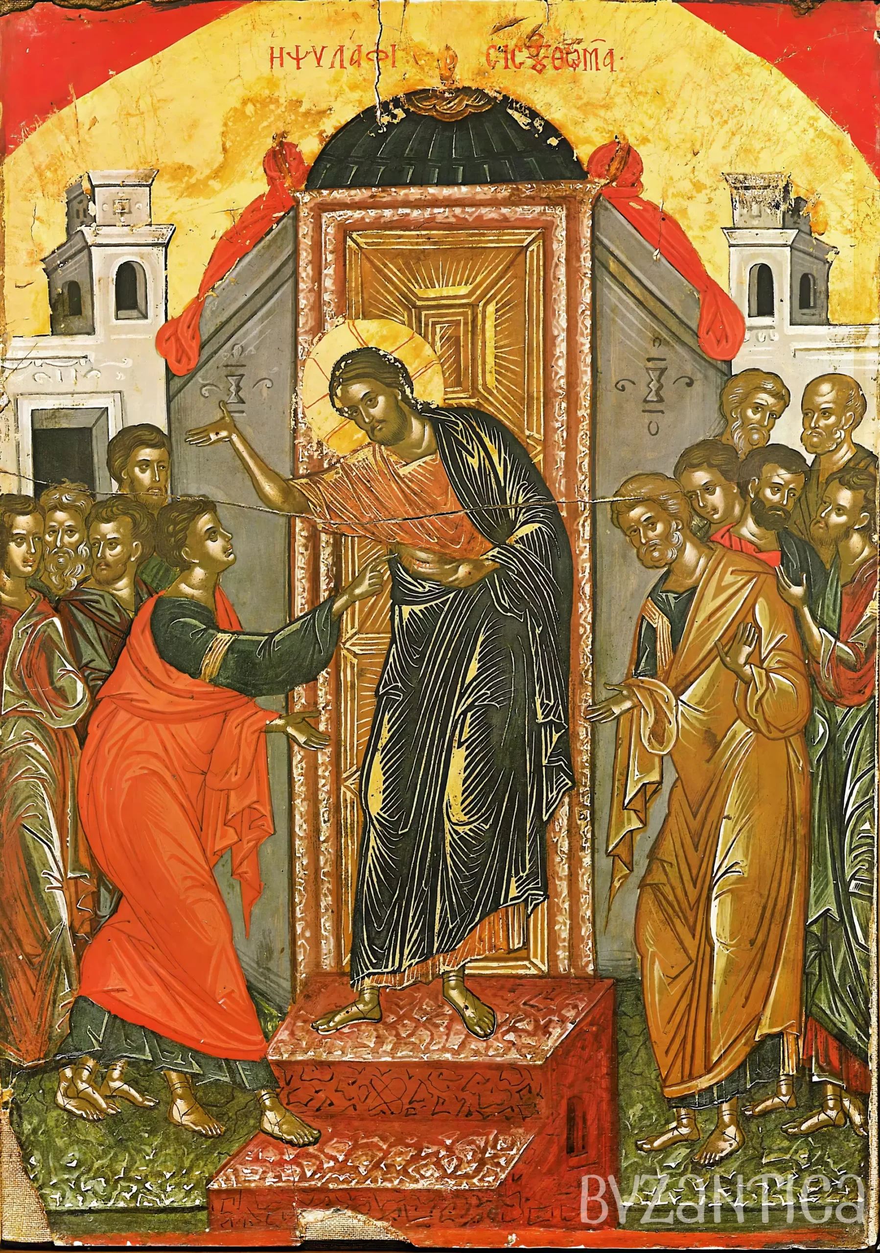 The Touch of Thomas by Theophanes full view Ultra High Resolution Byzantine icon from Stavronikita Monastery