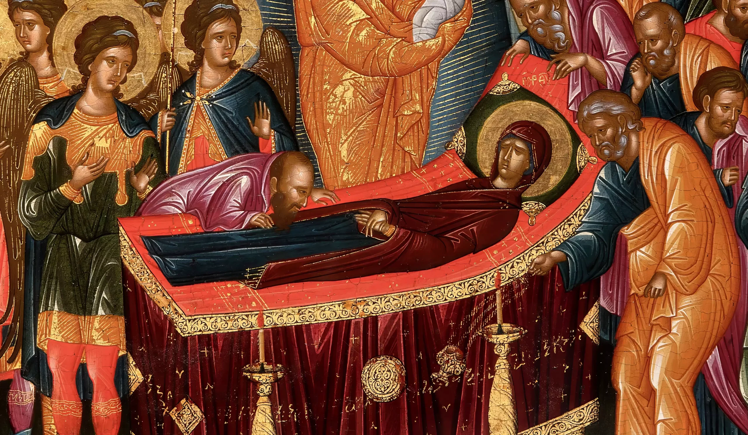 Detail from Dormition by Andreas Ritzos showing the Virgin's body on ornate bier, Byzantine icon