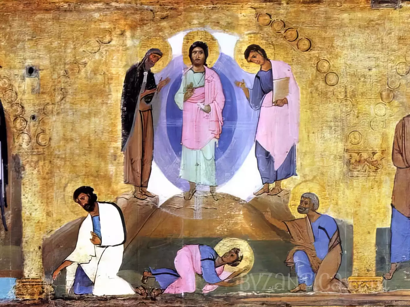 Byzantine tempera painting detail of Transfiguration from Dodekaorton epistyle scene