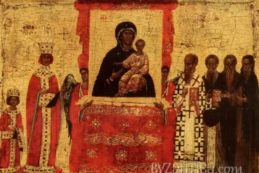 Triumph of Orthodoxy Icon in British Museum detail showing Byzantine monks and clergy in lower register composition