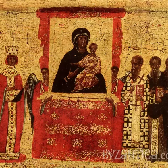 Triumph of Orthodoxy Icon in British Museum detail showing Byzantine monks and clergy in lower register composition