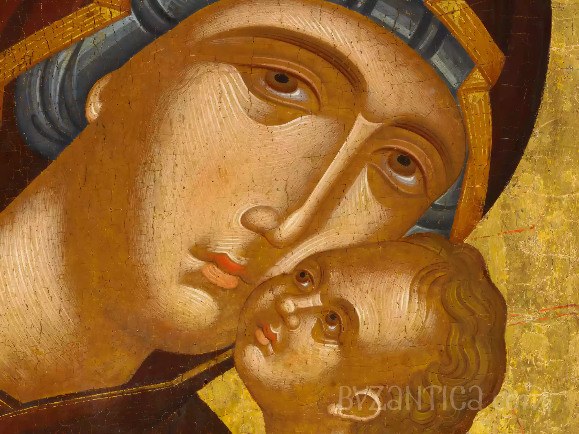 Detail of Virgin Eleousa by Akotantos Byzantine icon showing tender embrace between mother and child