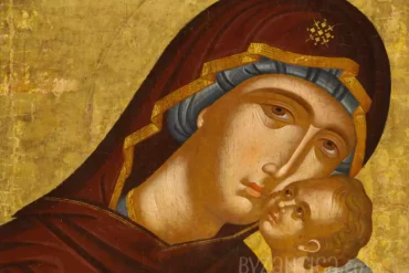 Intimate detail from Virgin Eleousa by Akotantos byzantine icon showing the tender embrace between Mother and Child