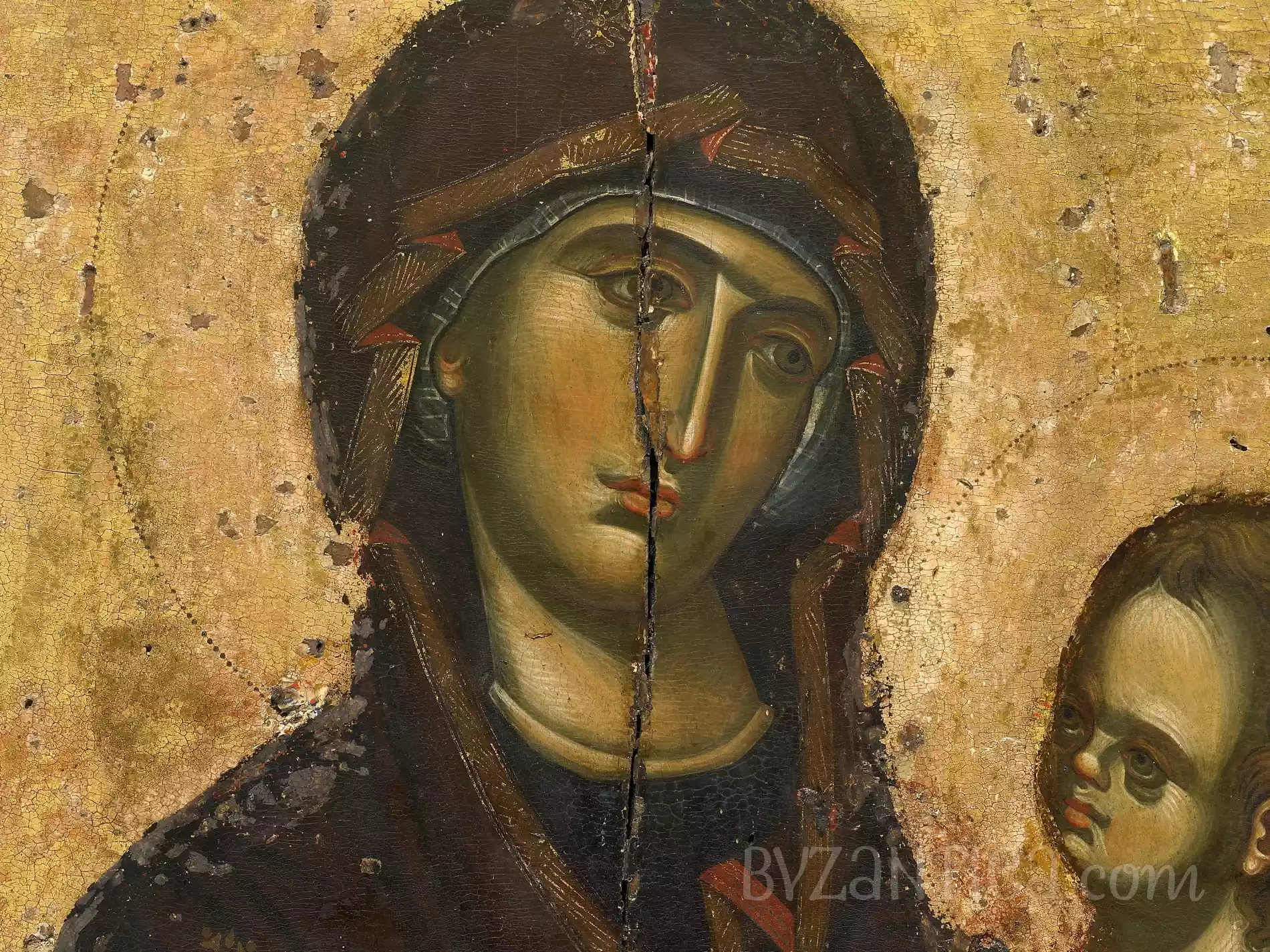 Close-up detail showing Virgin's contemplative face in the Hodegetria icon at Vatopediou, Byzantine icon