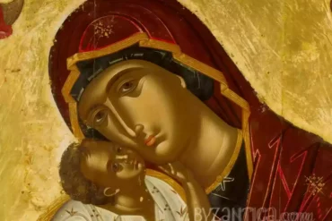 Intimate detail from Glykophilousa by Lambardos showing the tender embrace between Mother and Child in Byzantine icon