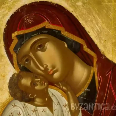 Intimate detail from Glykophilousa by Lambardos showing the tender embrace between Mother and Child in Byzantine icon