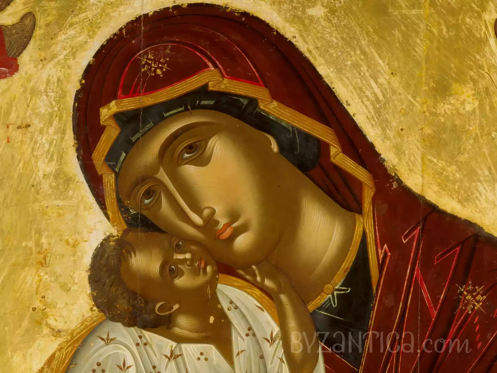 Detail showing tender facial expressions in Glykophilousa by Lambardos, Byzantine icon painting