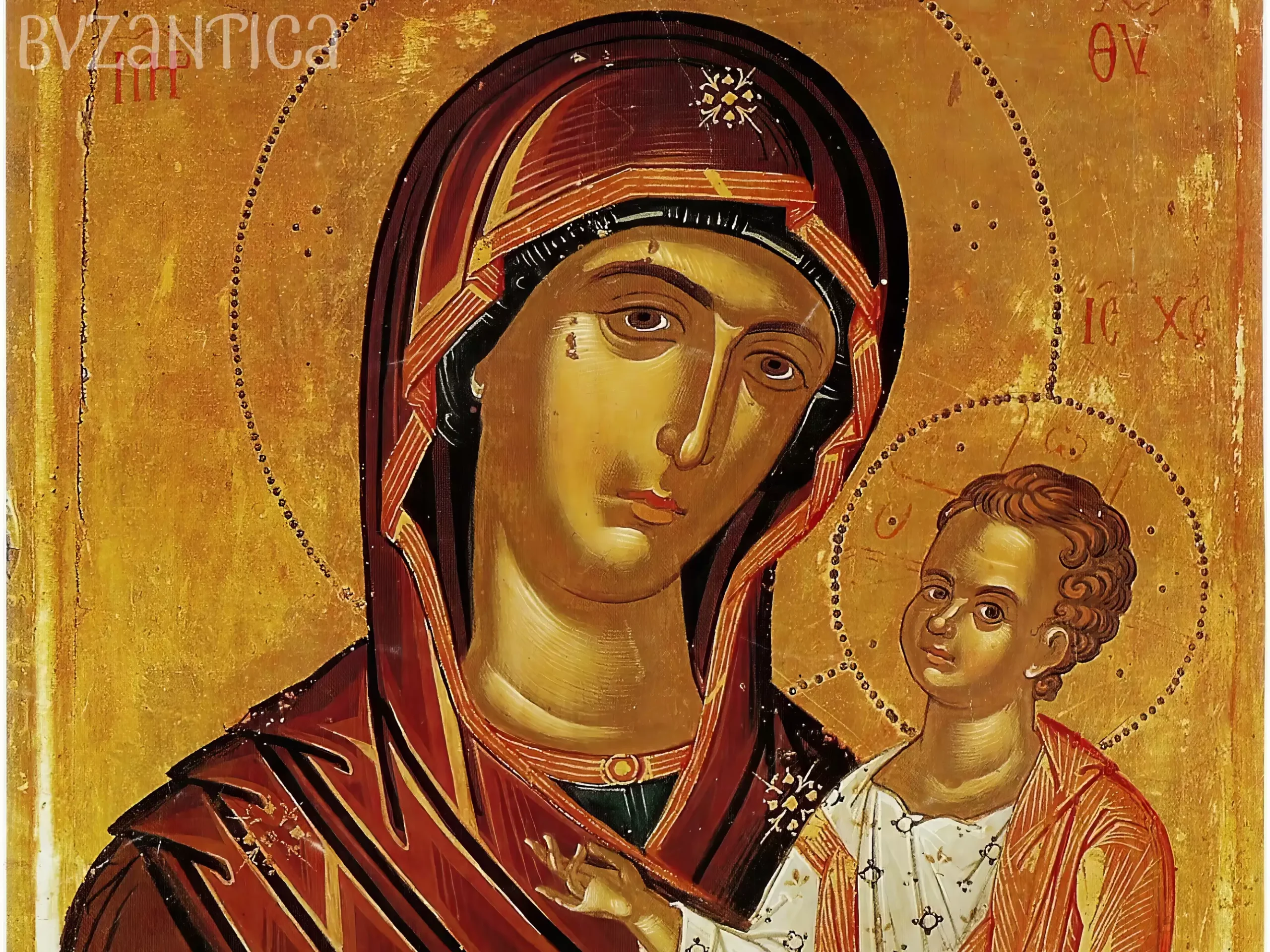 A detail from the Virgin Hodegetria Icon by Theophanes the Cretan showing Mary's face and veil HD