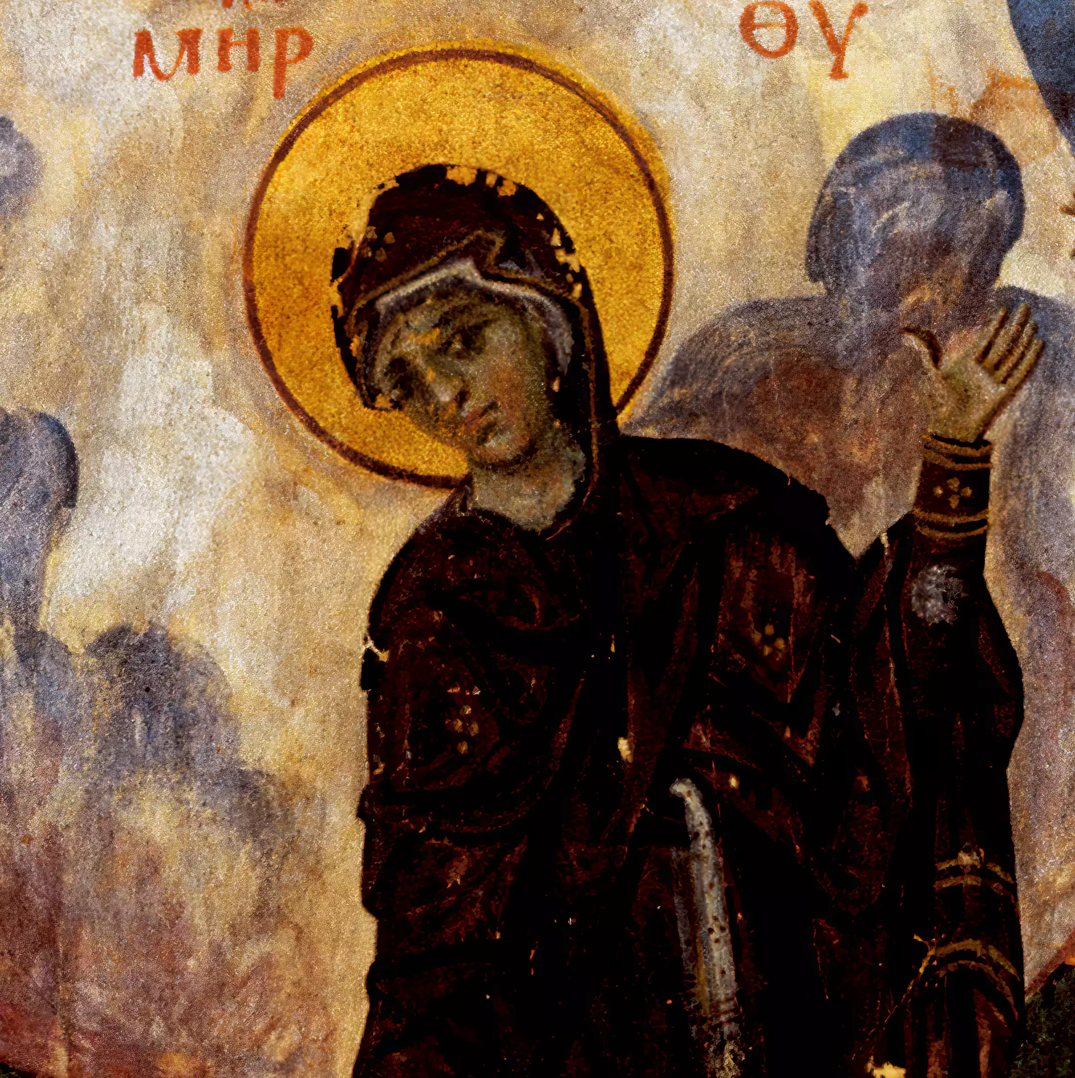 Detail of Virgin Mary's face and nimbus from Leo's Biblical manuscript, showing masterful Byzantine illumination technique