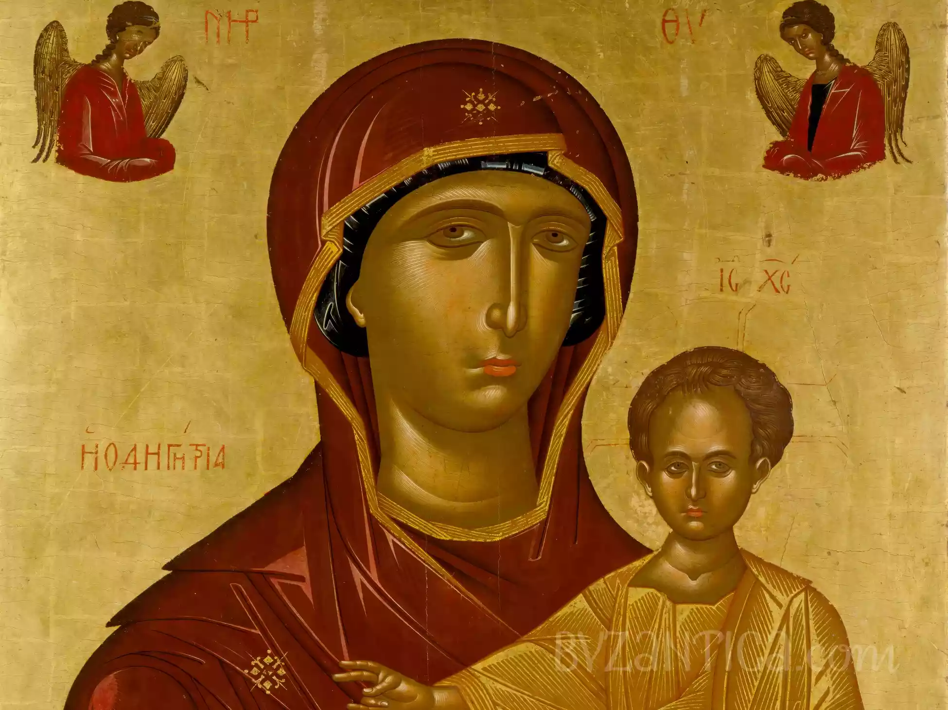 Close-up detail of Mary and young Christ's features from Virgin Hodegetria Byzantine icon by Lambardos