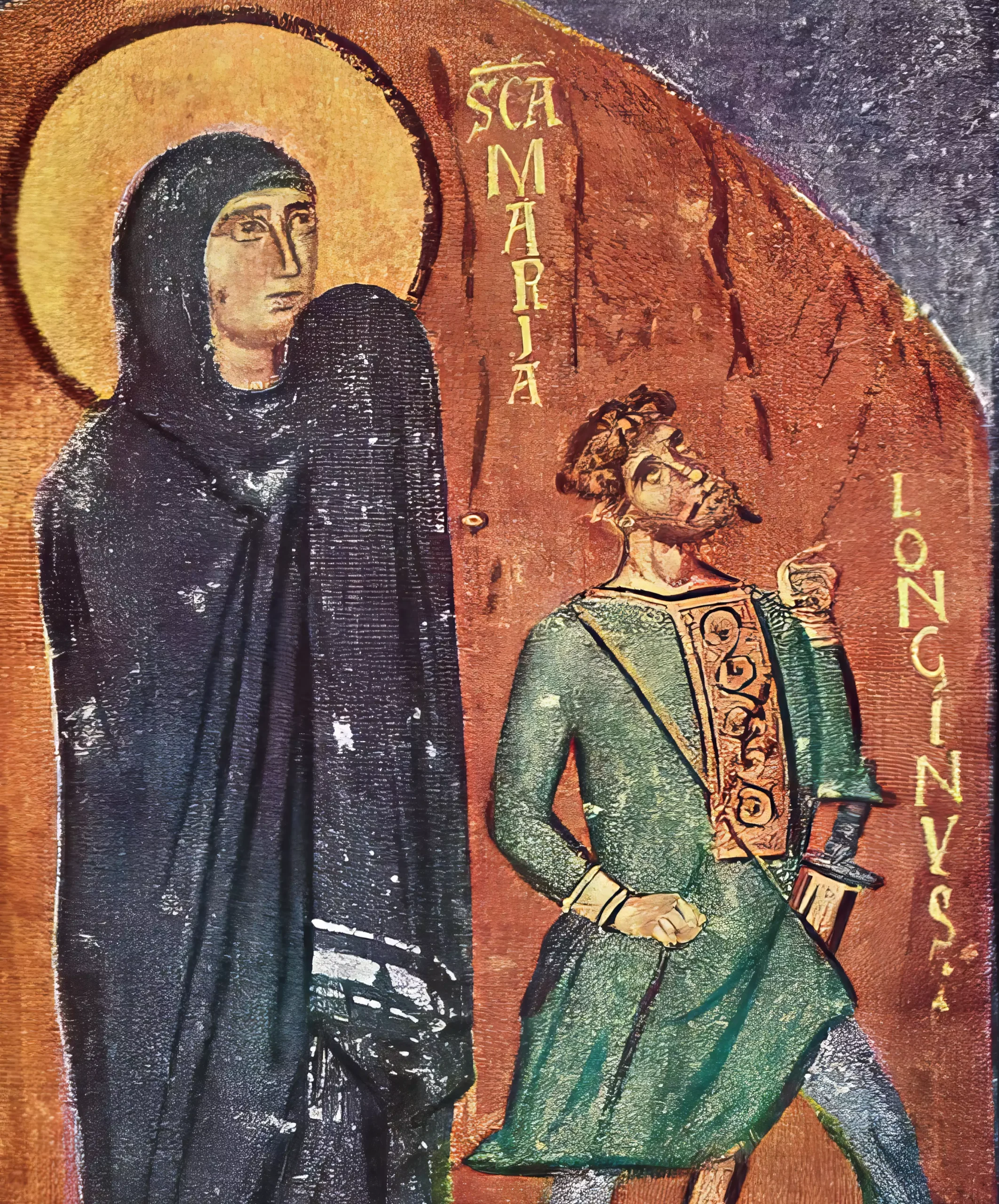 Detail showing the Virgin Mary and Longinus from the Santa Maria Antiqua Crucifixion fresco, Unknown Master (741-752 AD), Byzantine fresco technique