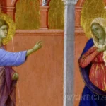 Detailed view of Virgin Mary from Annunciation by Duccio showing contemplative expression and rich blue drapery