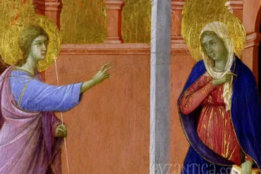 Detailed view of Virgin Mary from Annunciation by Duccio showing contemplative expression and rich blue drapery