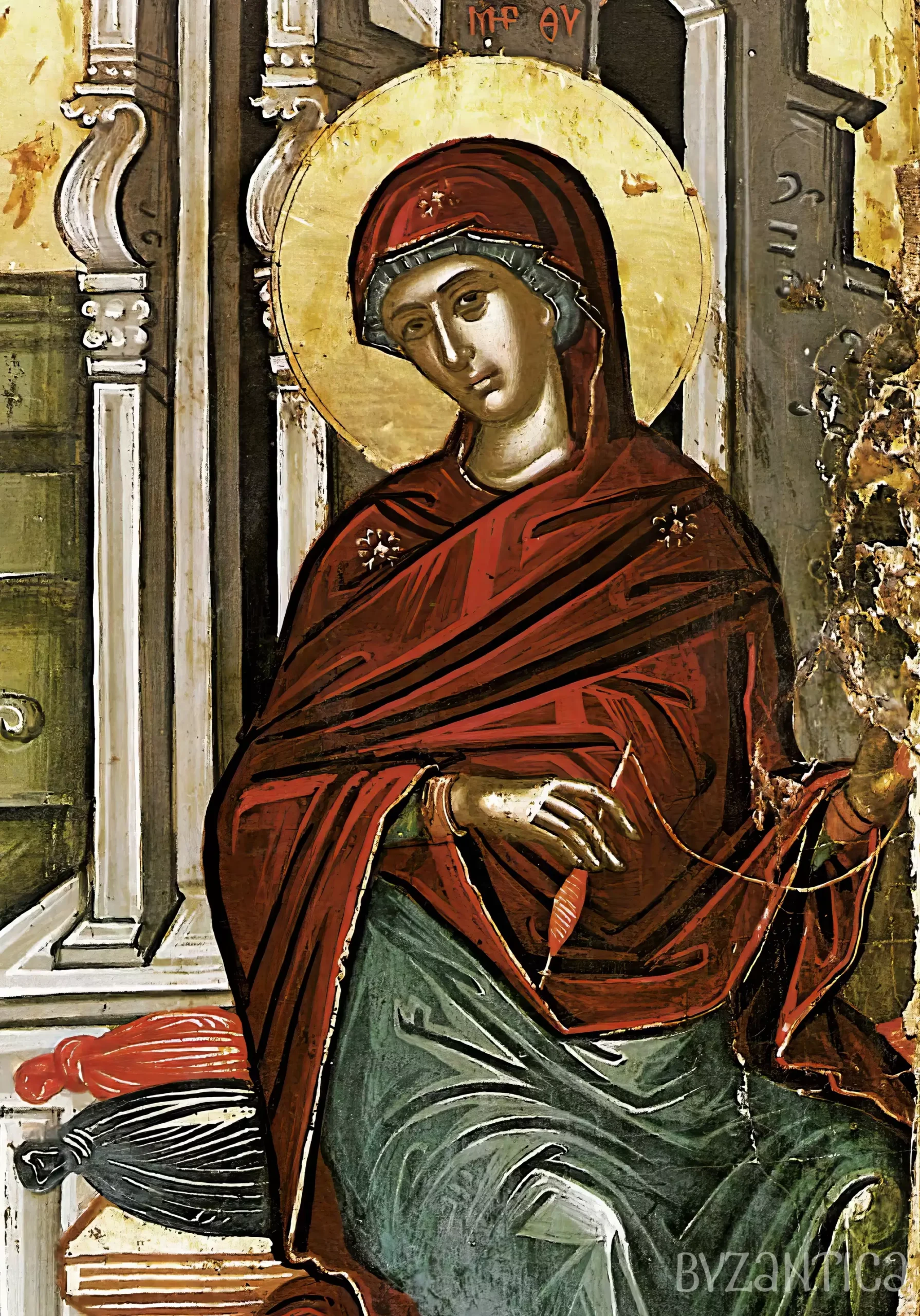 Virgin Mary detail from The Annunciation icon by Theophanes the Cretan, Byzantine icon