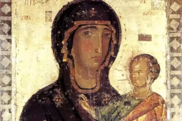 Detailed view of Virgin Mary's face from Hodegetria icon in Lefkosia showing masterful Byzantine technique and spiritual depth