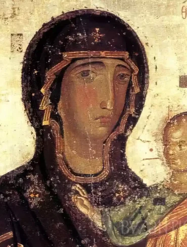 Detailed view of Virgin Mary's face from Hodegetria icon in Lefkosia showing masterful Byzantine technique and spiritual depth