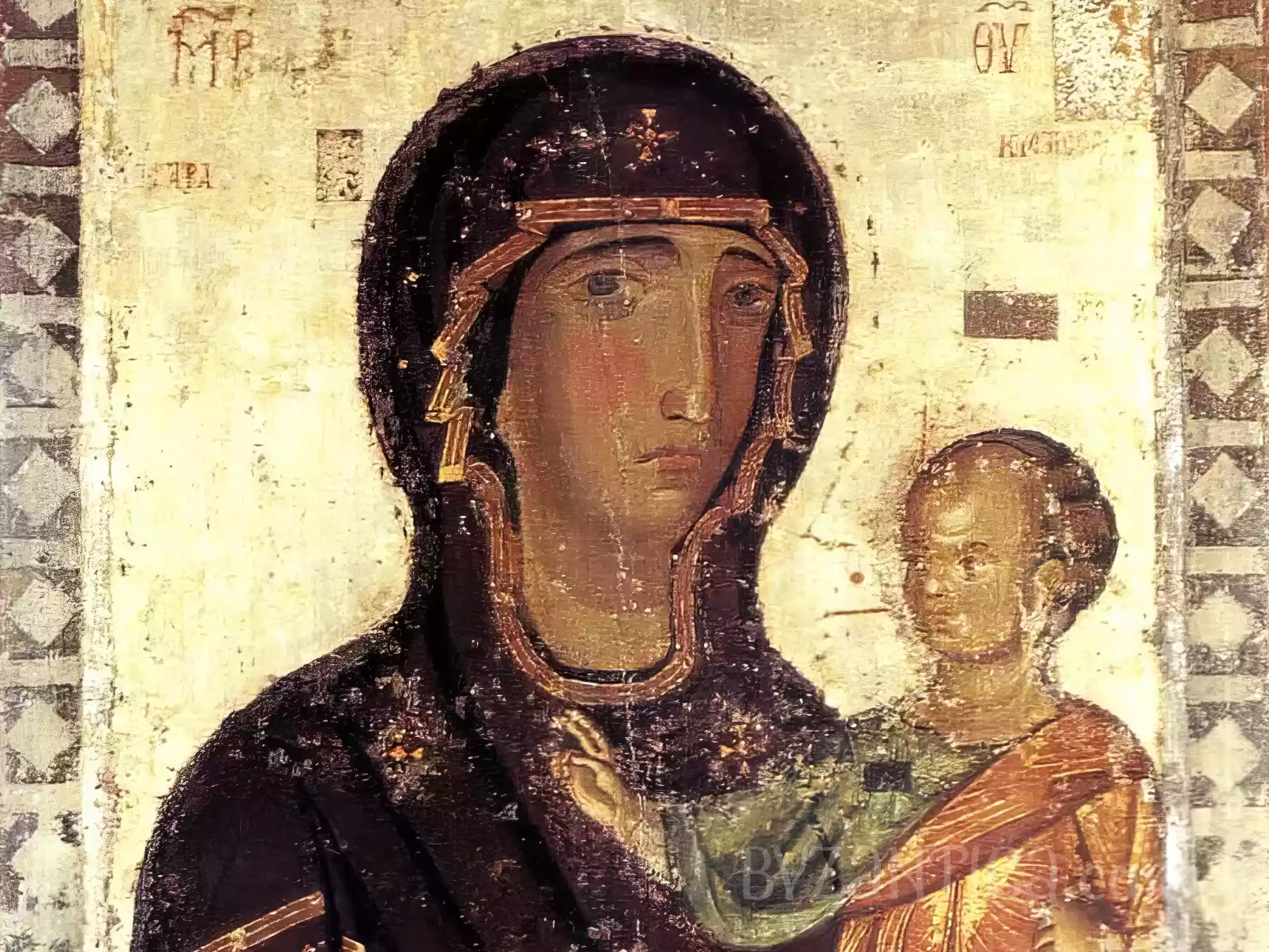 Detail of Virgin Mary's face from Hodegetria icon in Lefkosia byzantine icon showing deep spiritual expression