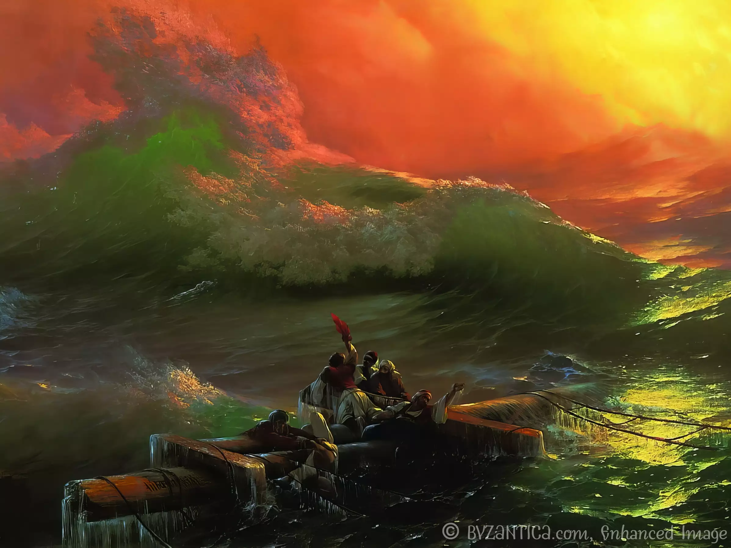 A dramatic detail from The Ninth Wave oil painting showing survivors on a raft beneath towering wave