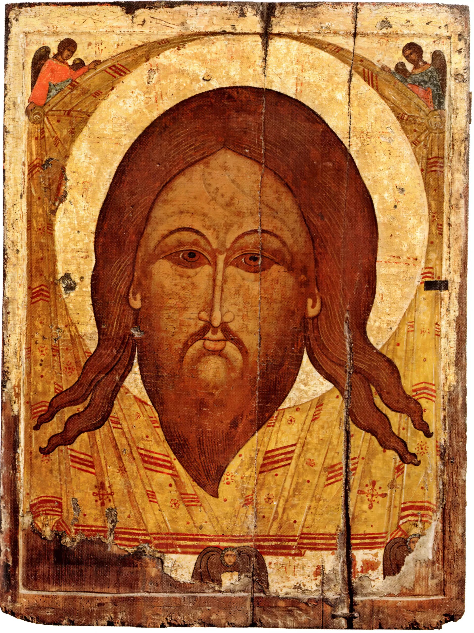 Sacred acheiropoietos icon depicting Christ's face with traditional Byzantine gold leaf background in UHD detail