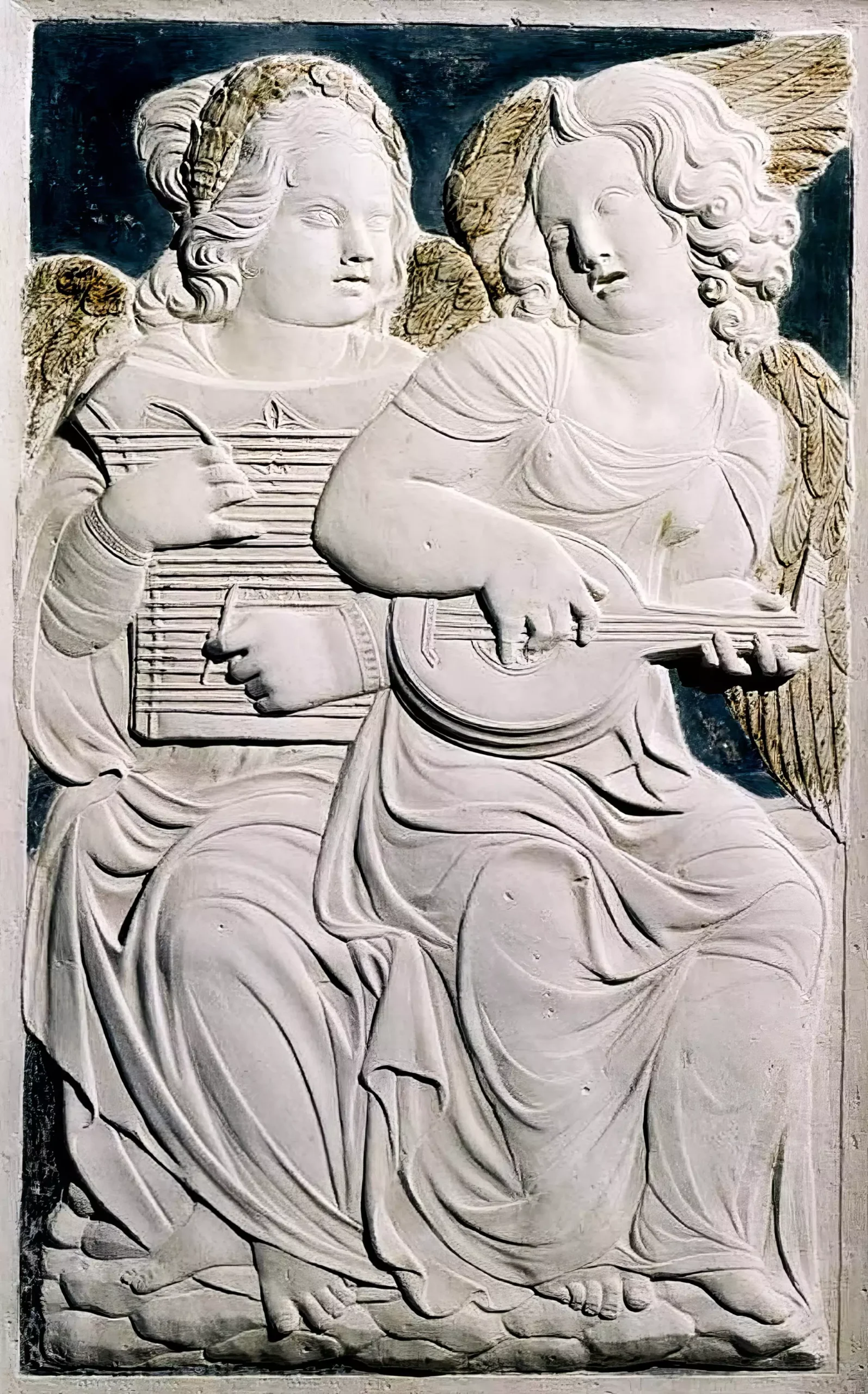 Angels in Sacred Stone: Renaissance marble relief showing celestial musicians in eternal prayer, Rimini UHD