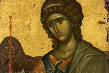 Archangel Gabriel in Vatopedi detail showing ethereal face with golden highlights against gold background