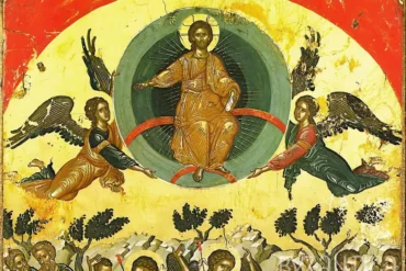 Ascension at Stavronikita by Theophanes detail showing Christ enthroned with angels in green mandorla