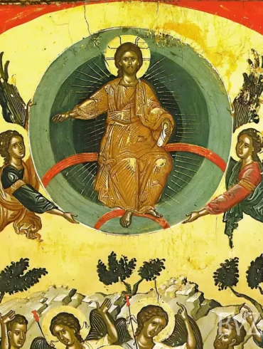 Ascension at Stavronikita by Theophanes detail showing Christ enthroned with angels in green mandorla