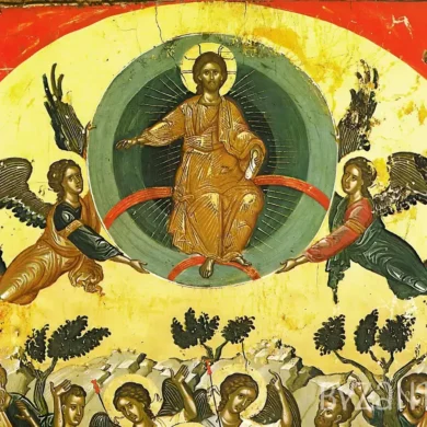 Ascension at Stavronikita by Theophanes detail showing Christ enthroned with angels in green mandorla