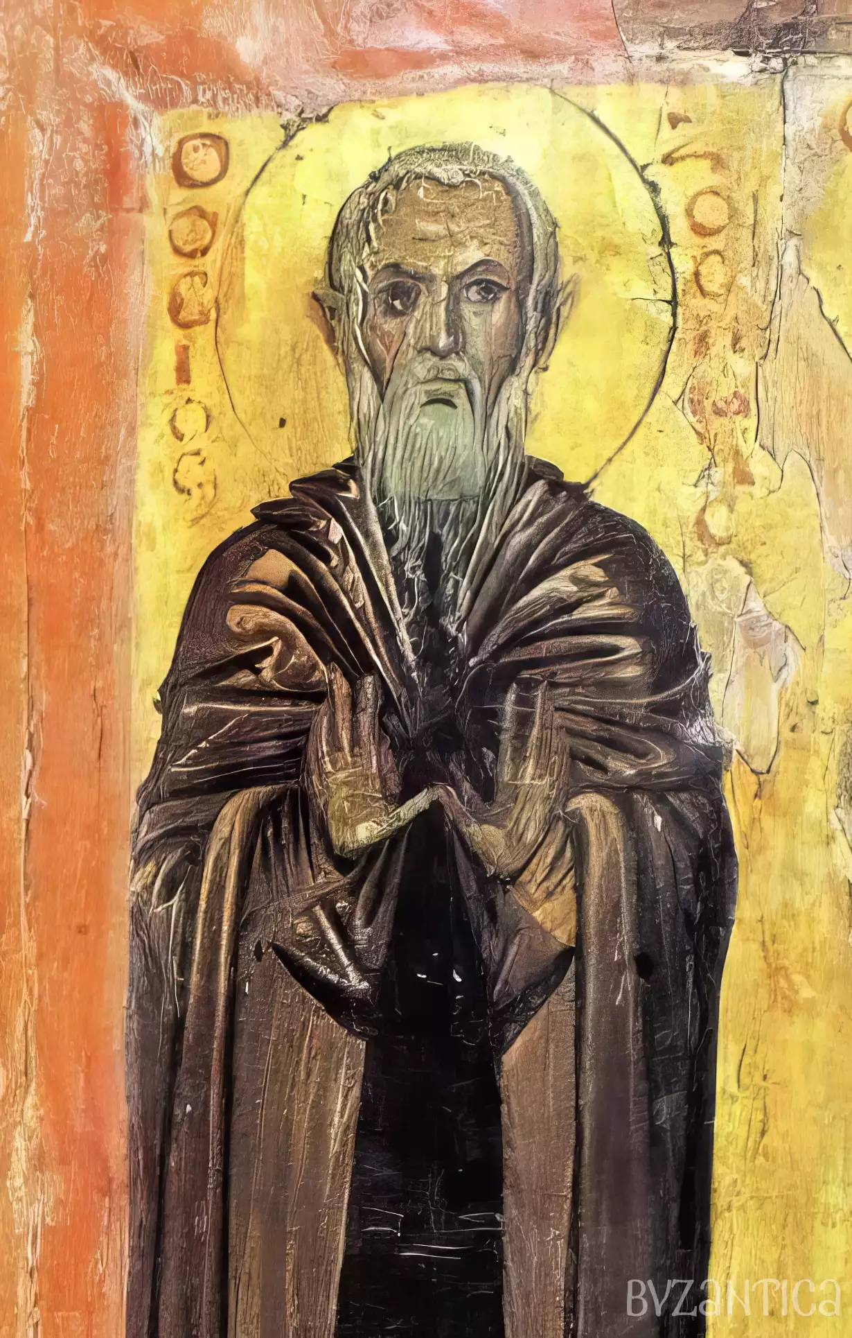 Luminous testament to Byzantine spiritual authority, where egg tempera and precious gold leaf interweave to manifest the divine presence through the venerated figures of two desert fathers.